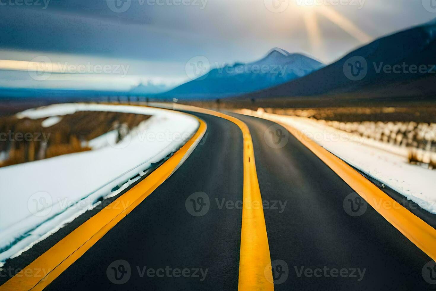 un largo la carretera en el nieve. generado por ai foto