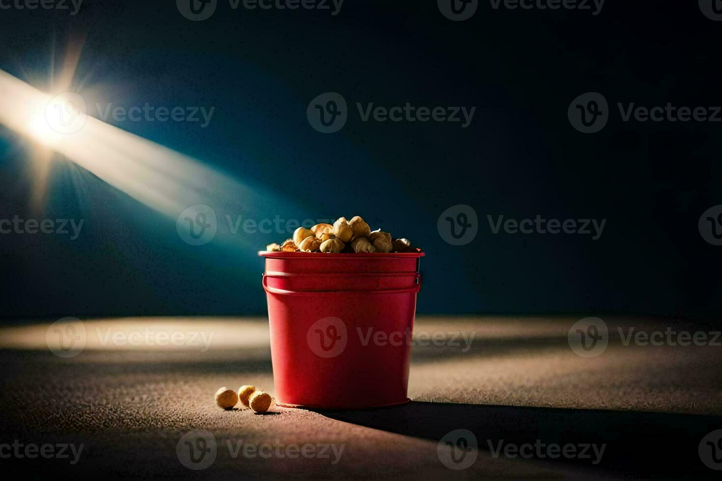 a red bucket filled with peanuts on a dark table. AI-Generated photo