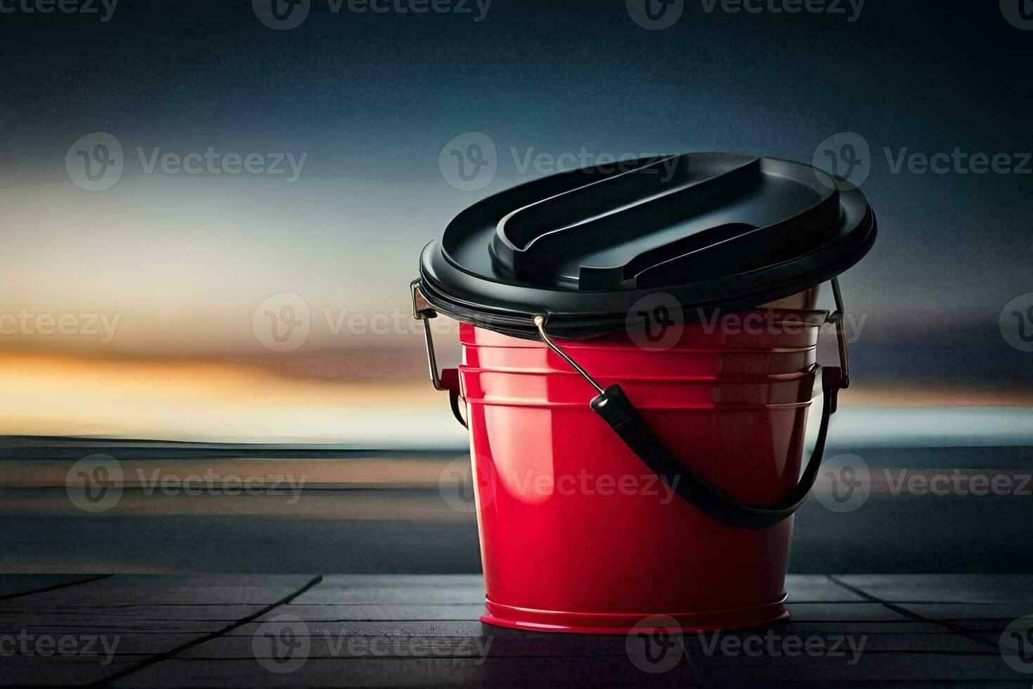 a red bucket with a black lid sitting on a wooden floor. AI-Generated photo