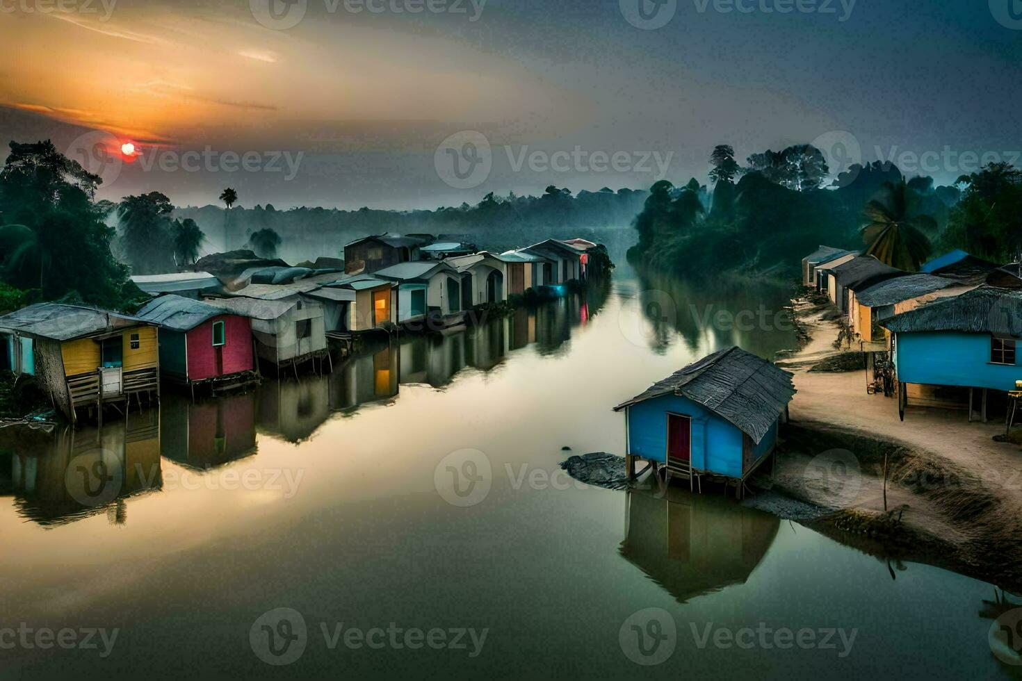 a river with many colorful houses on it. AI-Generated photo
