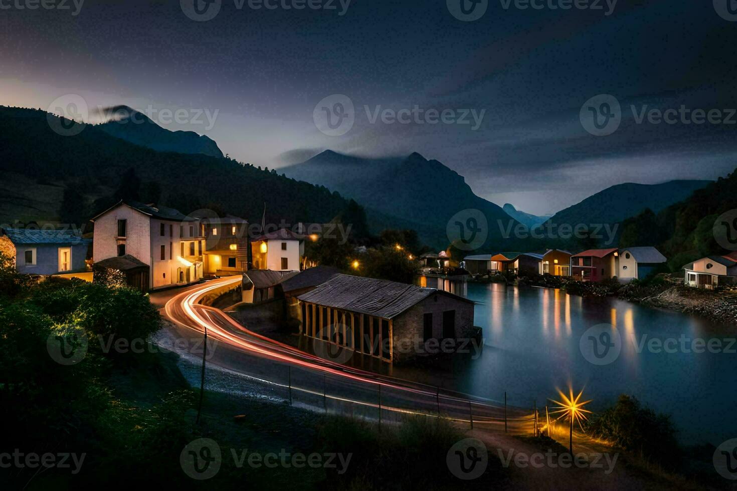 un pueblo a noche con luces en el agua. generado por ai foto