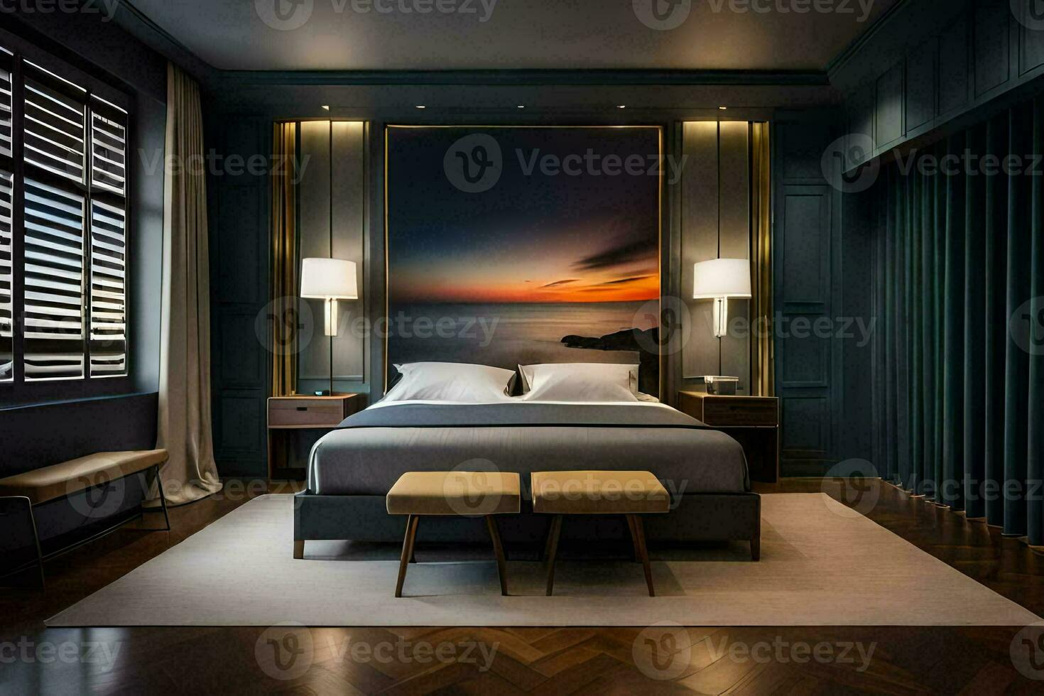 a bedroom with dark wood walls and a large painting on the wall. AI-Generated photo