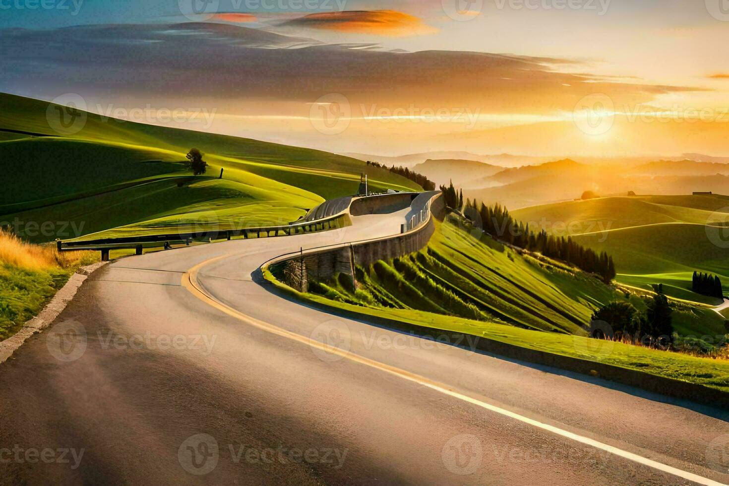a winding road in the countryside at sunset. AI-Generated photo