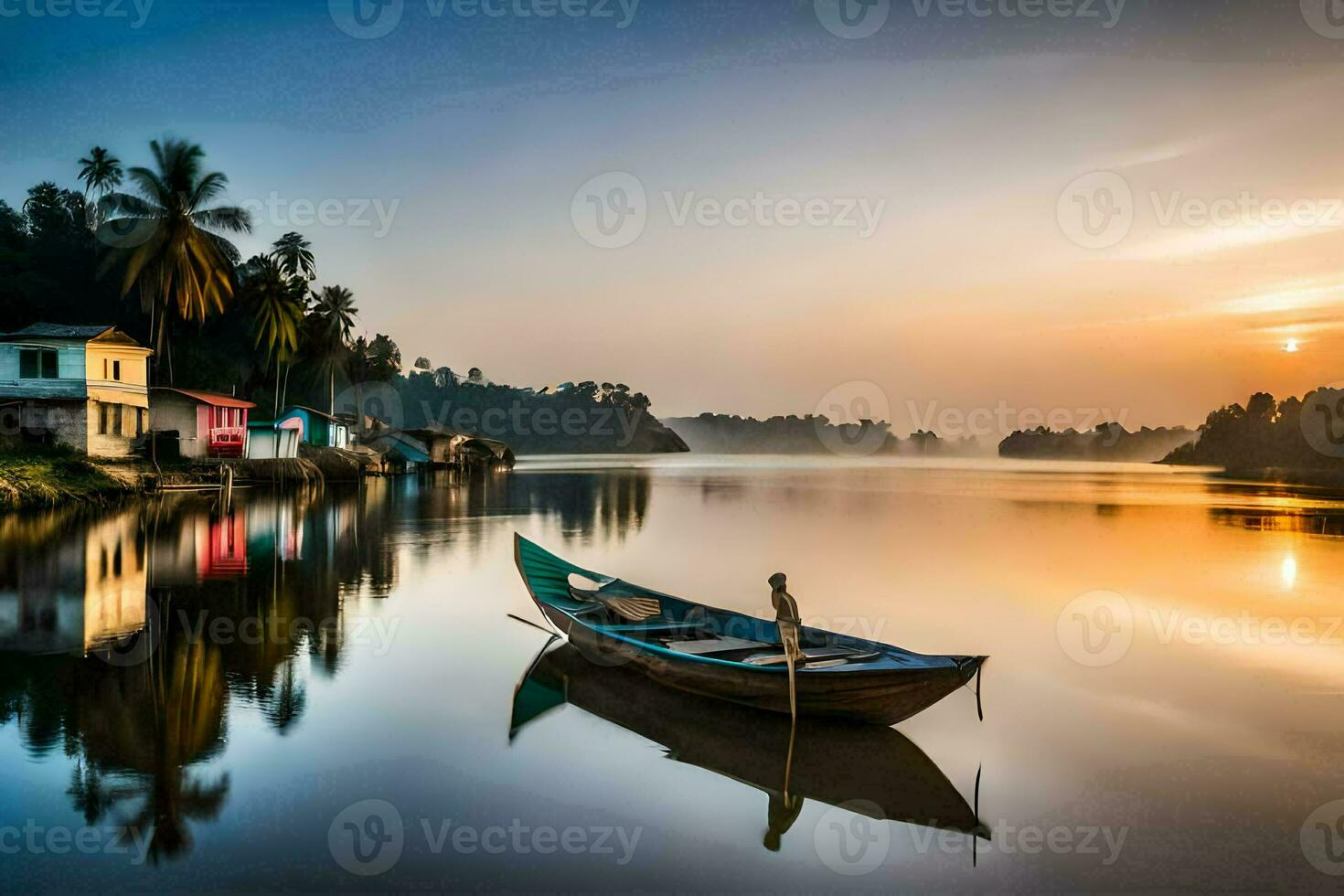 a boat sits on the water at sunset. AI-Generated photo