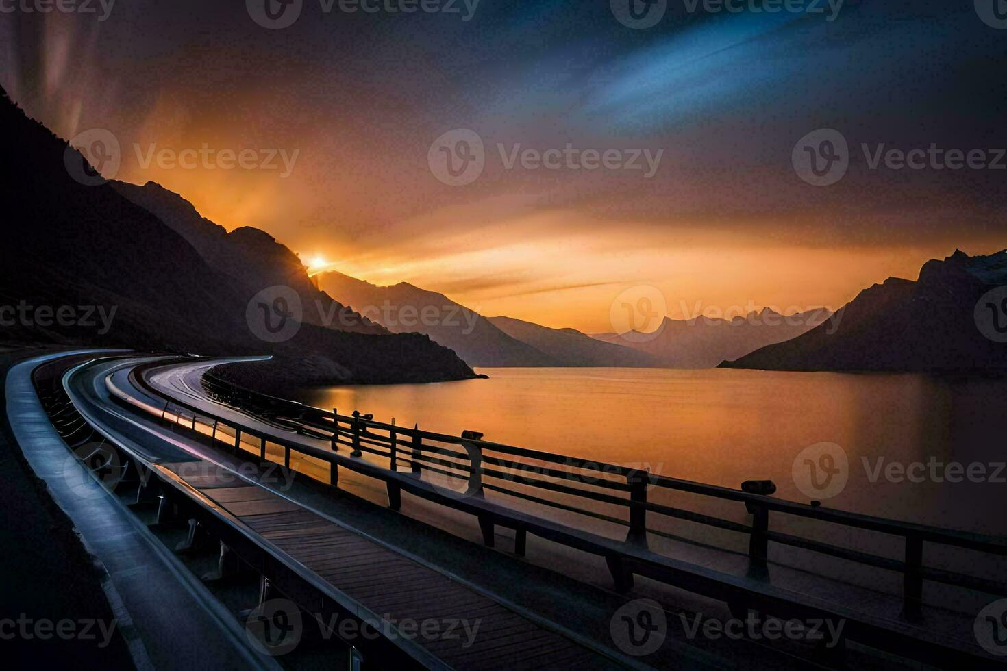 a long exposure photo of a road leading to a lake. AI-Generated