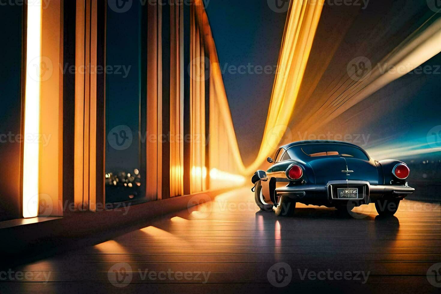 a classic car driving on a bridge at night. AI-Generated photo