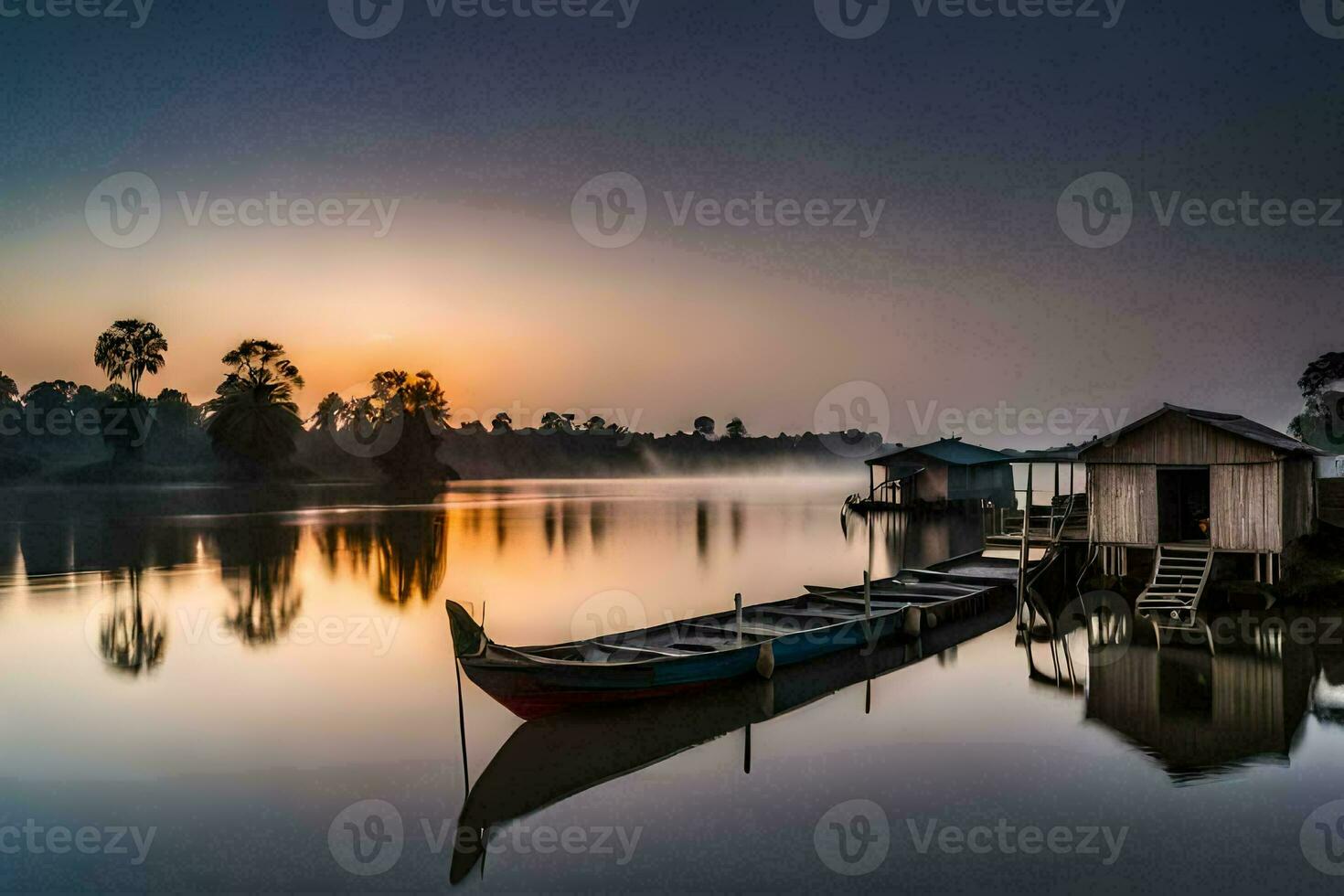 un barco se sienta en el agua a amanecer. generado por ai foto