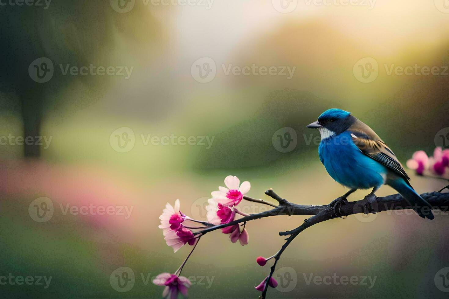 a blue bird sits on a branch with pink flowers. AI-Generated photo
