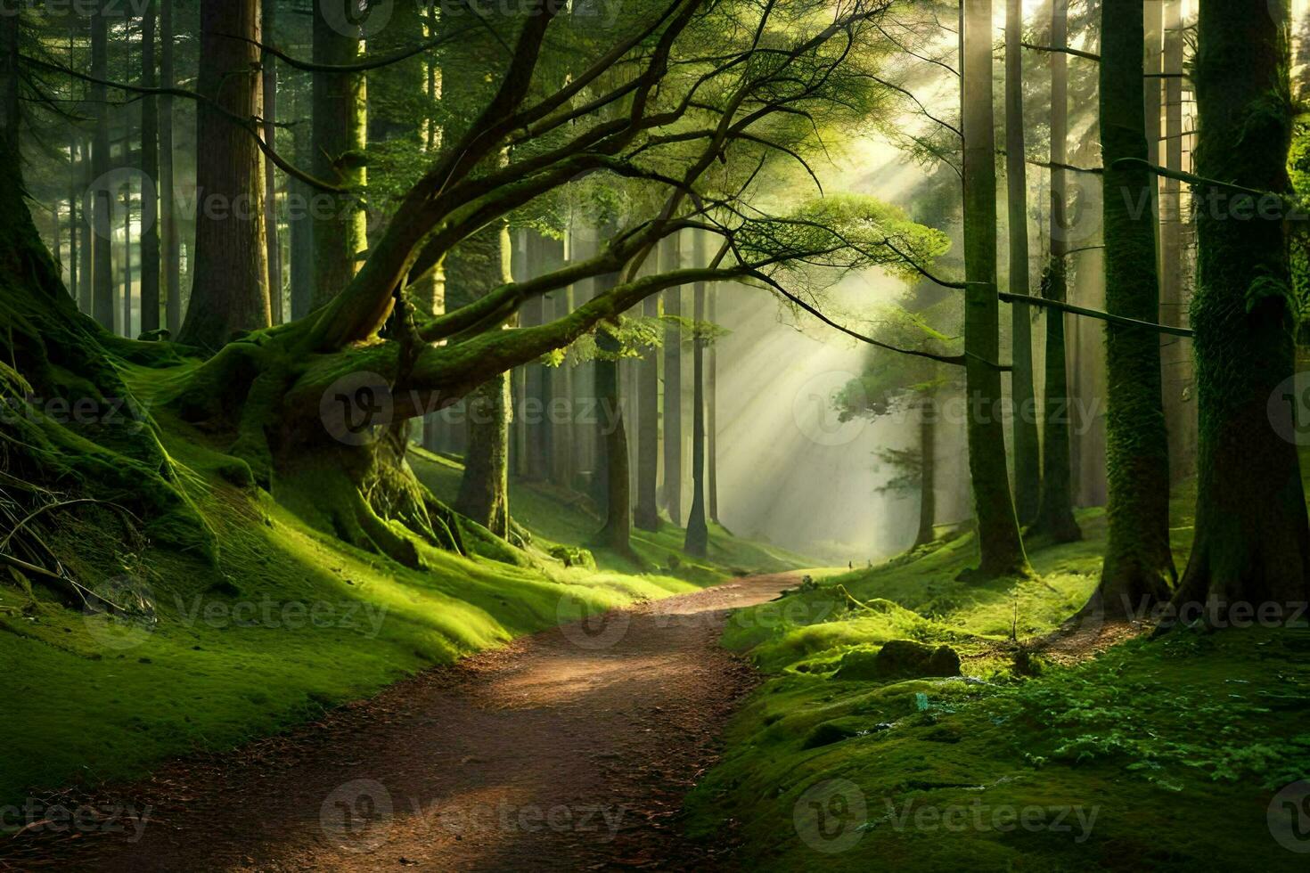 a path through a green forest with trees and sunbeams. AI-Generated photo
