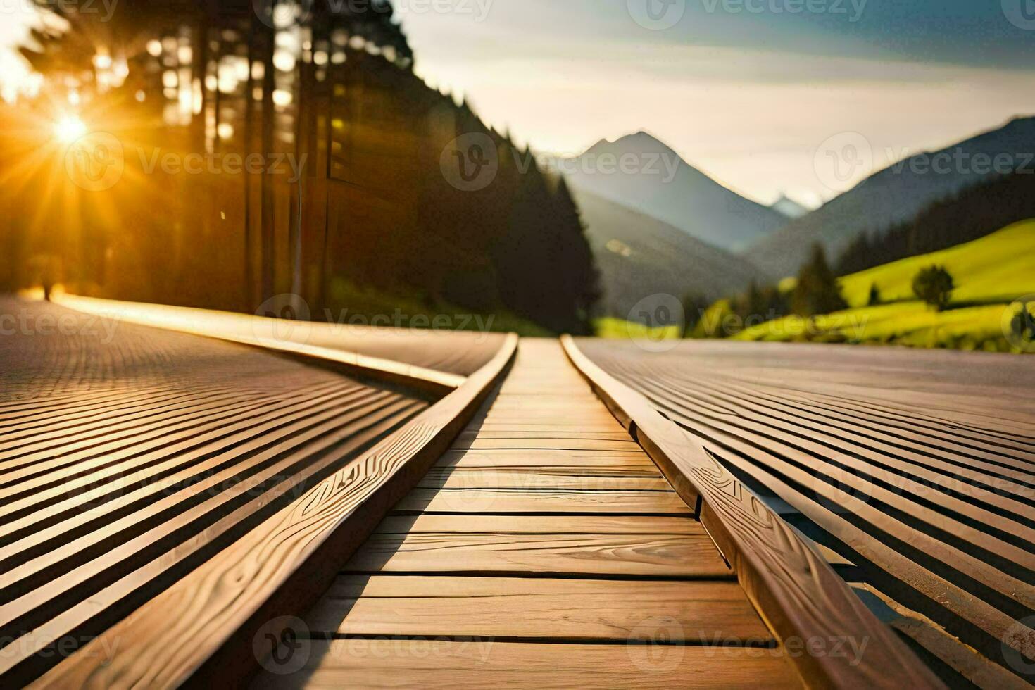 a wooden track leading to the mountains. AI-Generated photo