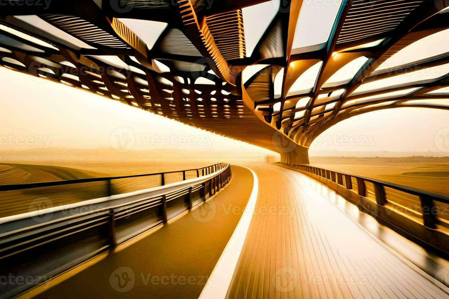 un largo puente con un coche conducción en él. generado por ai foto