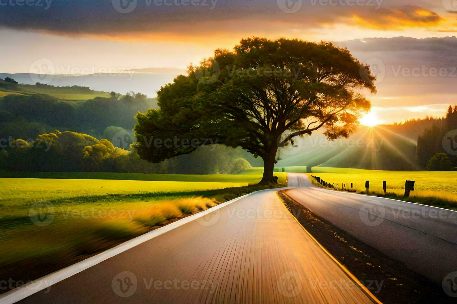 a tree is on the side of the road in a field. AI-Generated photo