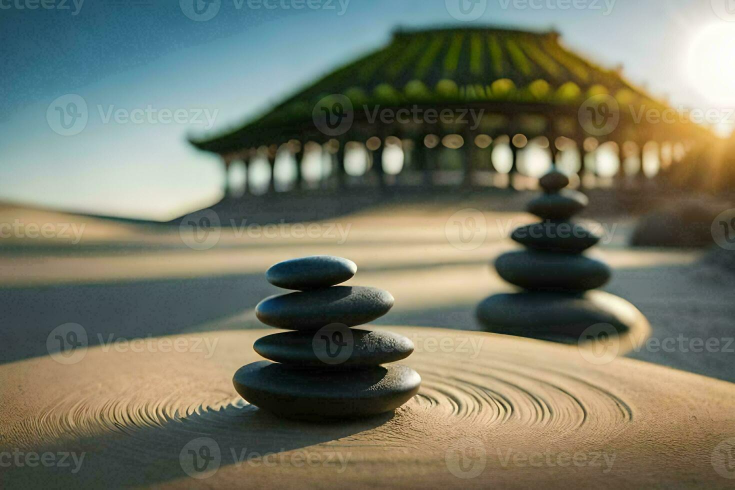 a stack of rocks in the sand with a pagoda in the background. AI-Generated photo