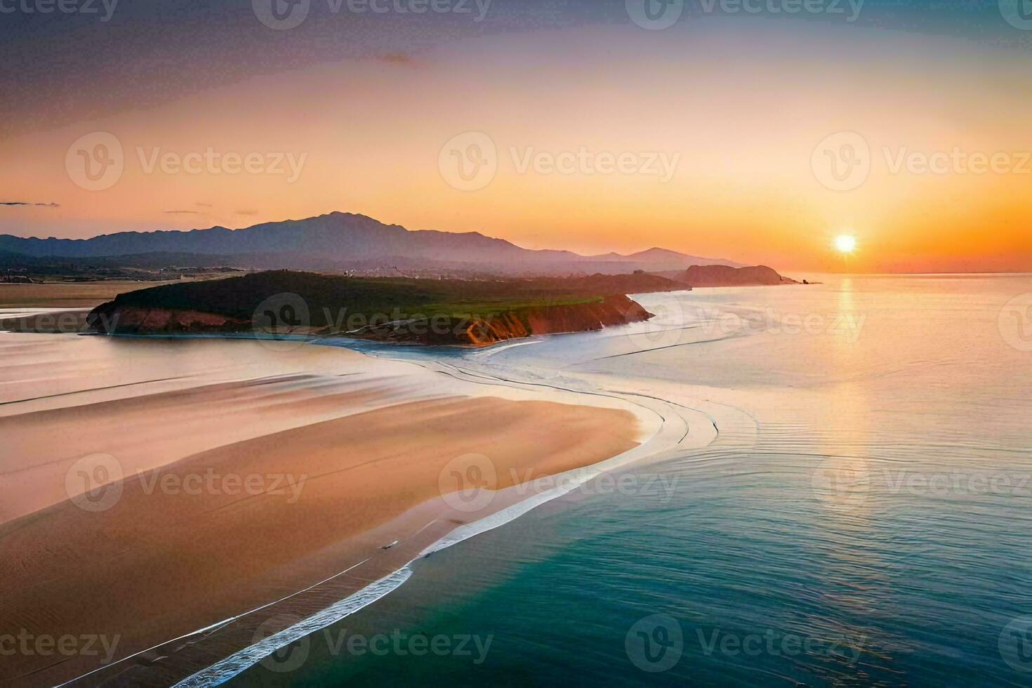 el Dom conjuntos terminado un playa y montañas. generado por ai foto