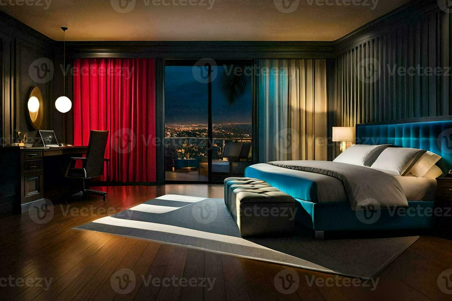 a bedroom with a bed, desk and a view of the city. AI-Generated photo