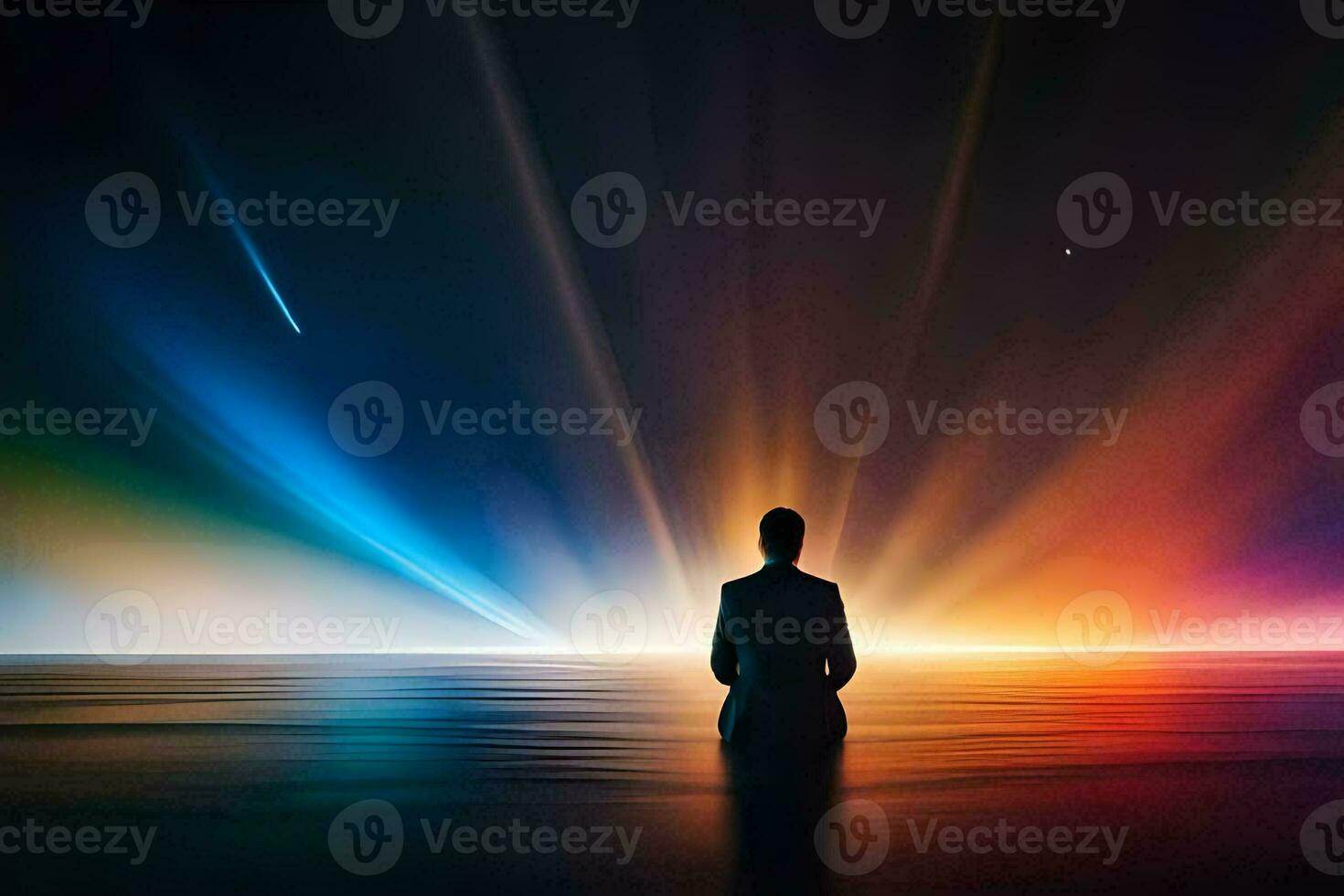 man in meditation pose on the ocean with colorful light. AI-Generated photo