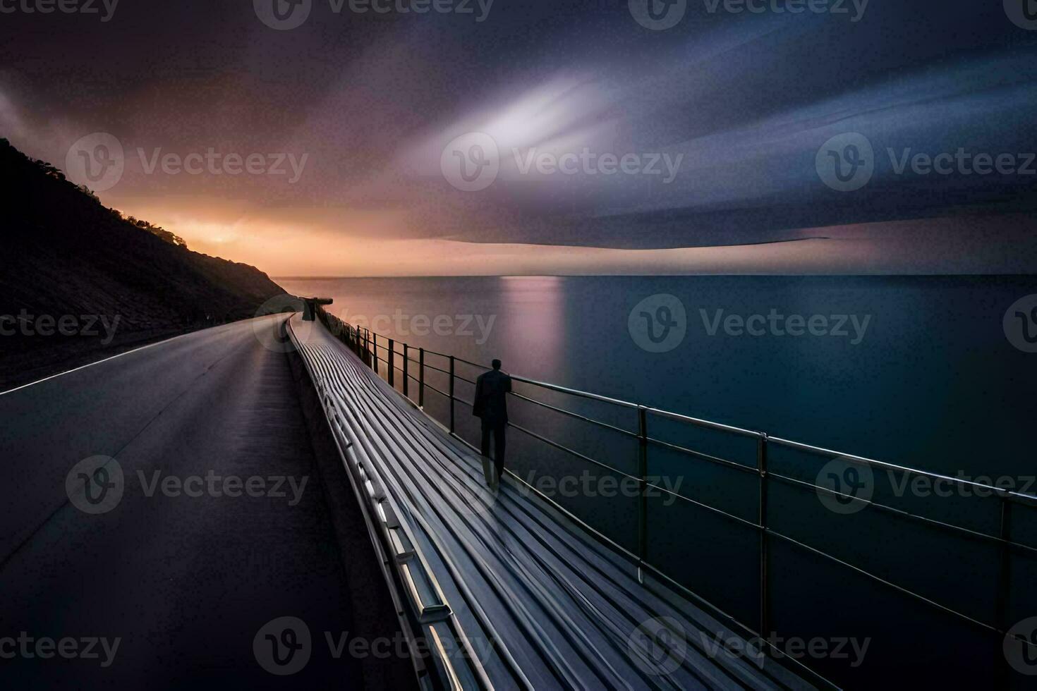 a man stands on a bridge overlooking the ocean. AI-Generated photo