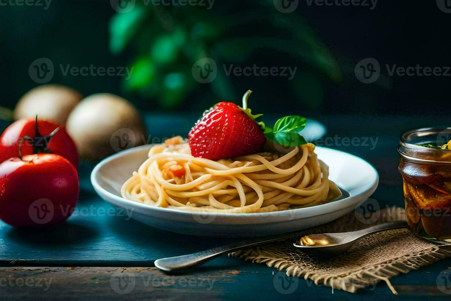 spaghetti with tomato sauce and fresh strawberries on a plate. AI-Generated photo