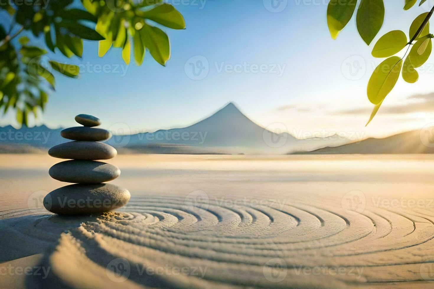 stacked stones in the sand with mountains in the background. AI-Generated photo