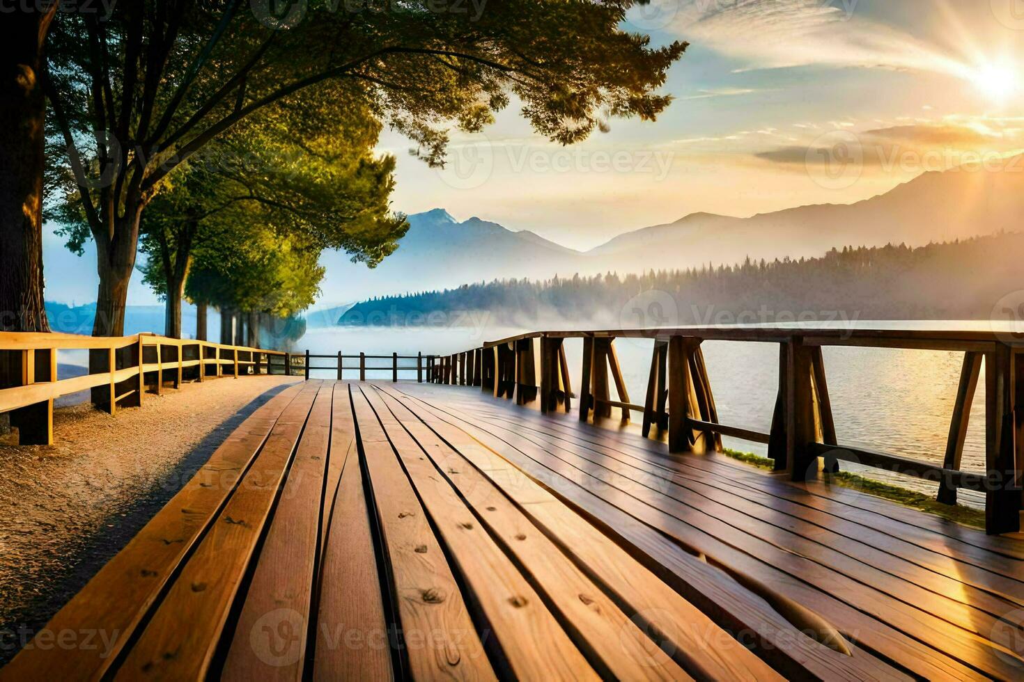 wooden walkway over the lake at sunrise. AI-Generated photo