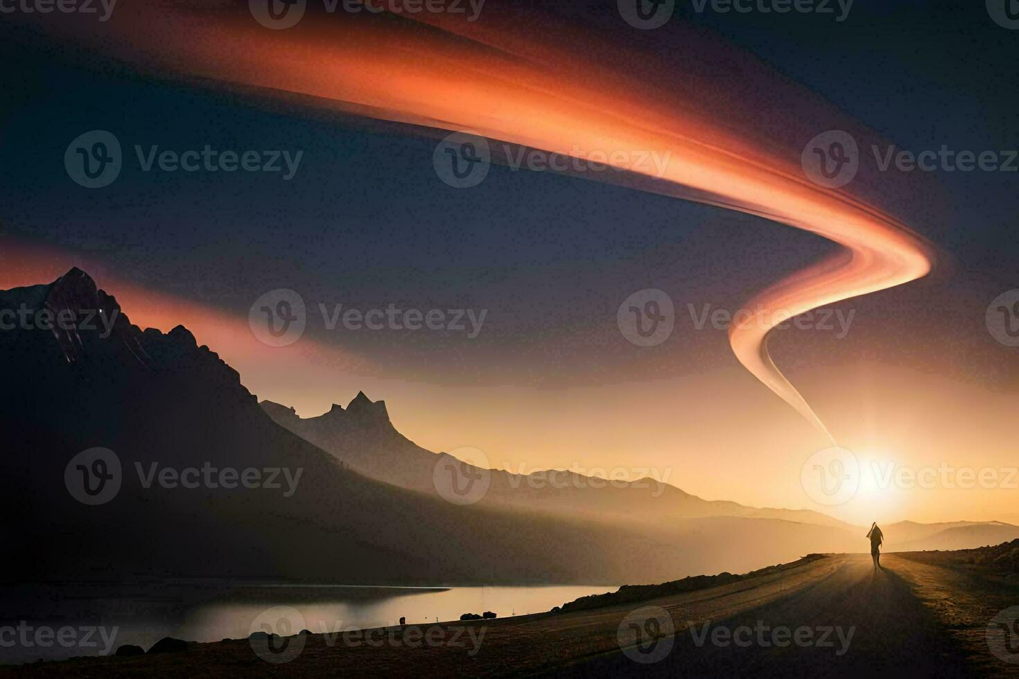 a man walks along a road in front of a mountain with a bright light. AI-Generated photo