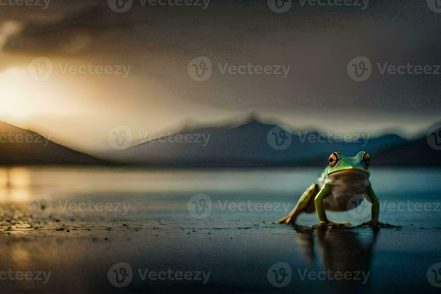 a frog standing on the shore of a lake at sunset. AI-Generated photo