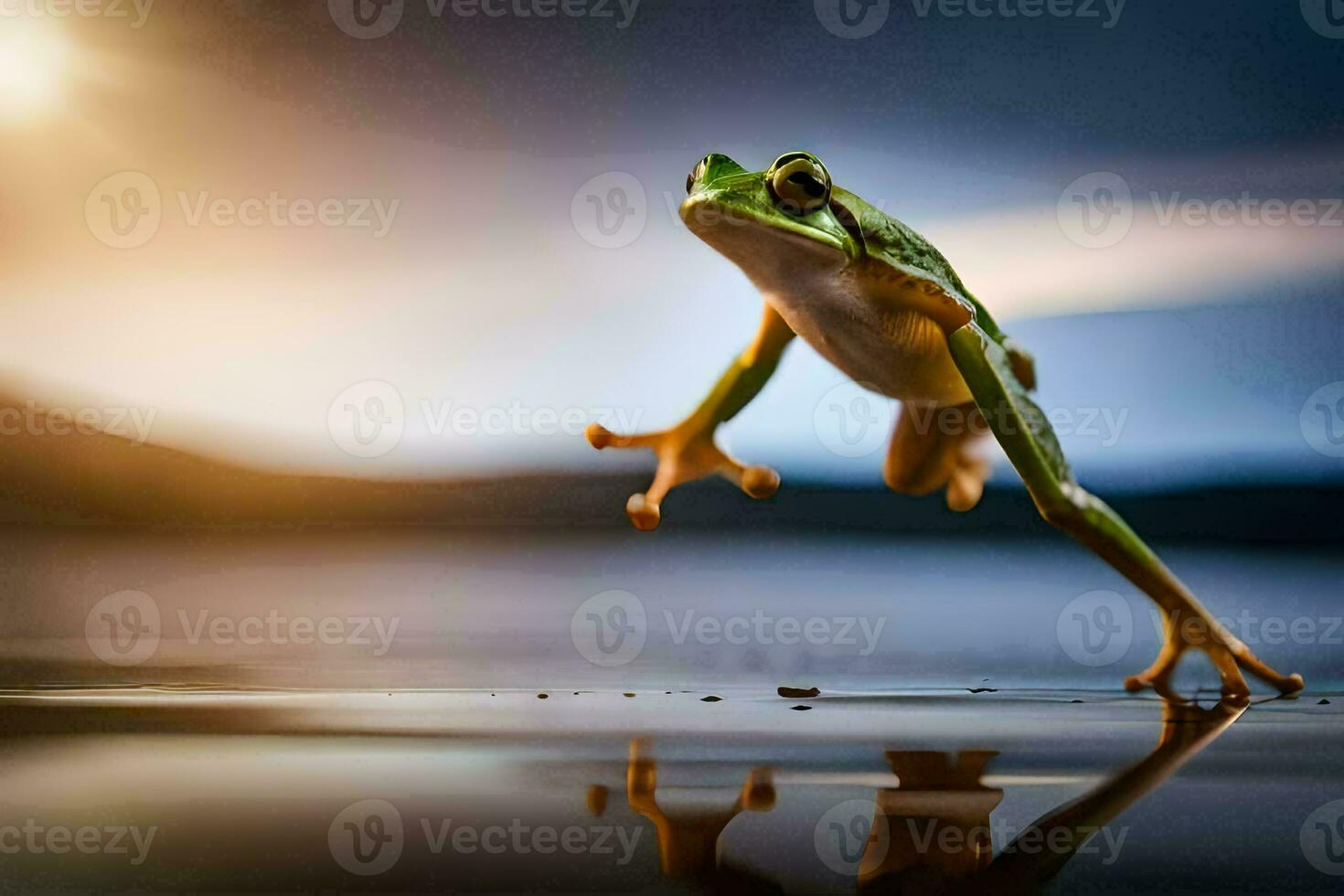a frog jumping into the air on a lake. AI-Generated photo