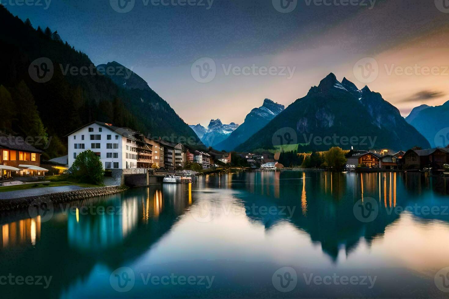 el montañas son reflejado en el agua a puesta de sol. generado por ai foto