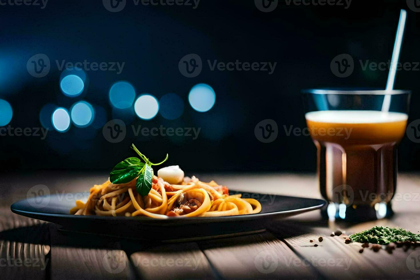 a glass of milk and a plate of spaghetti on a wooden table. AI-Generated photo