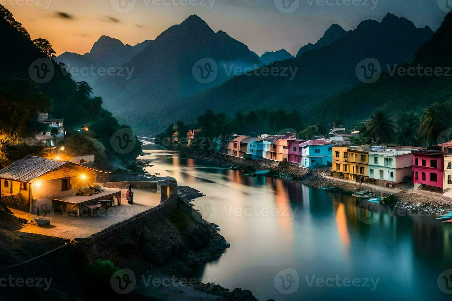 colorful houses along the river at sunset. AI-Generated photo