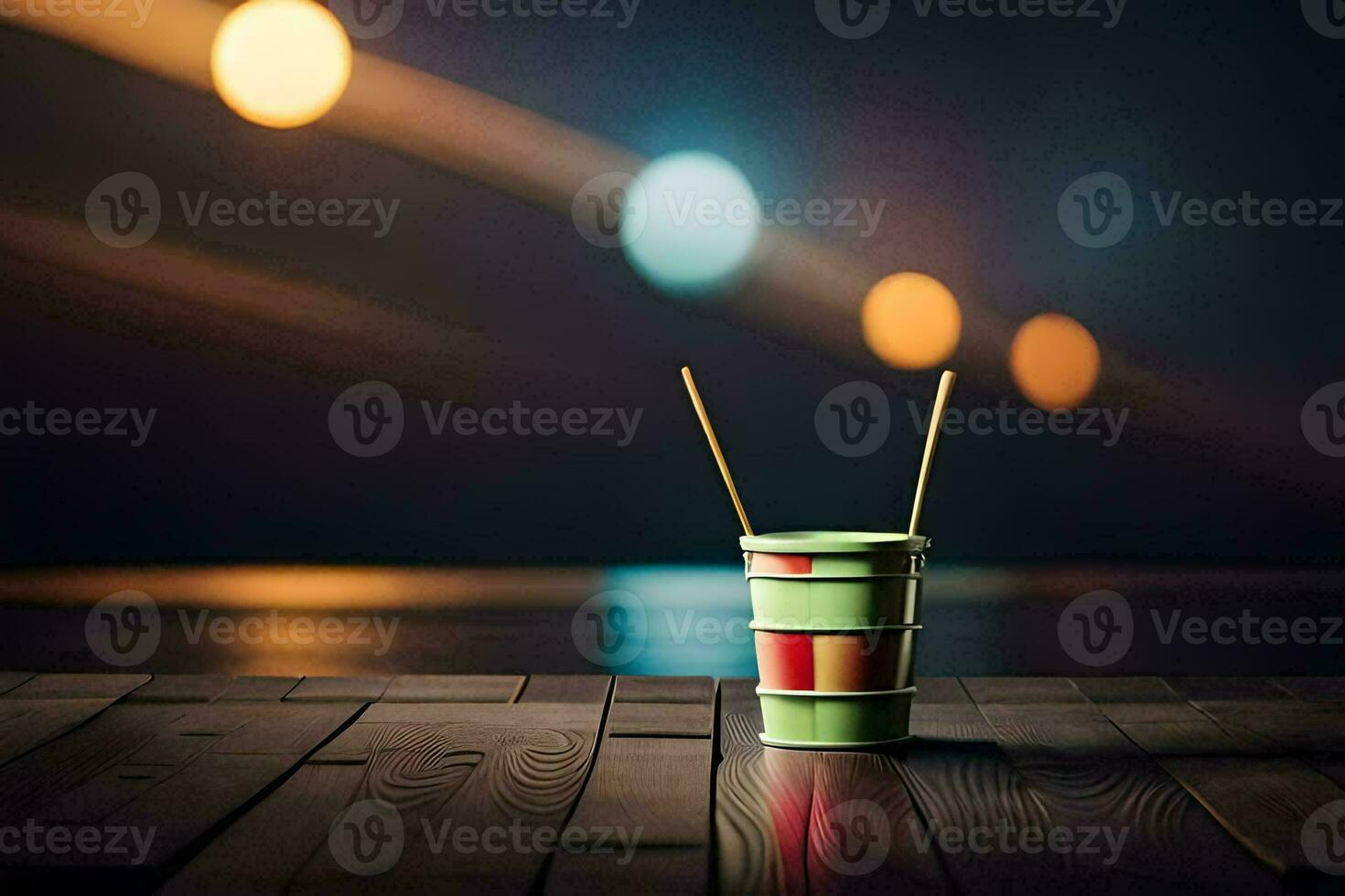 a paper cup with chopsticks on a wooden table. AI-Generated photo