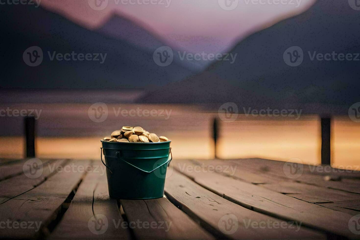 un Cubeta de nueces en un de madera muelle. generado por ai foto