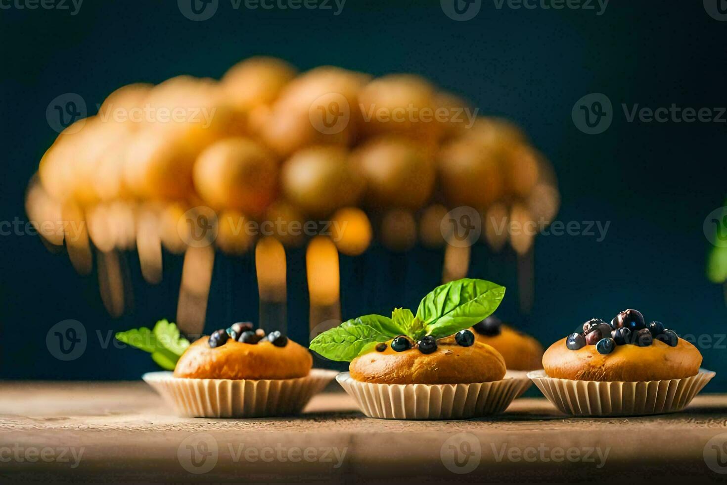 small cupcakes with fruit and mint leaves on a wooden table. AI-Generated photo