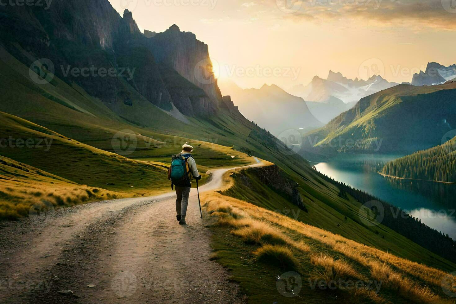 a man walking down a path in the mountains. AI-Generated photo