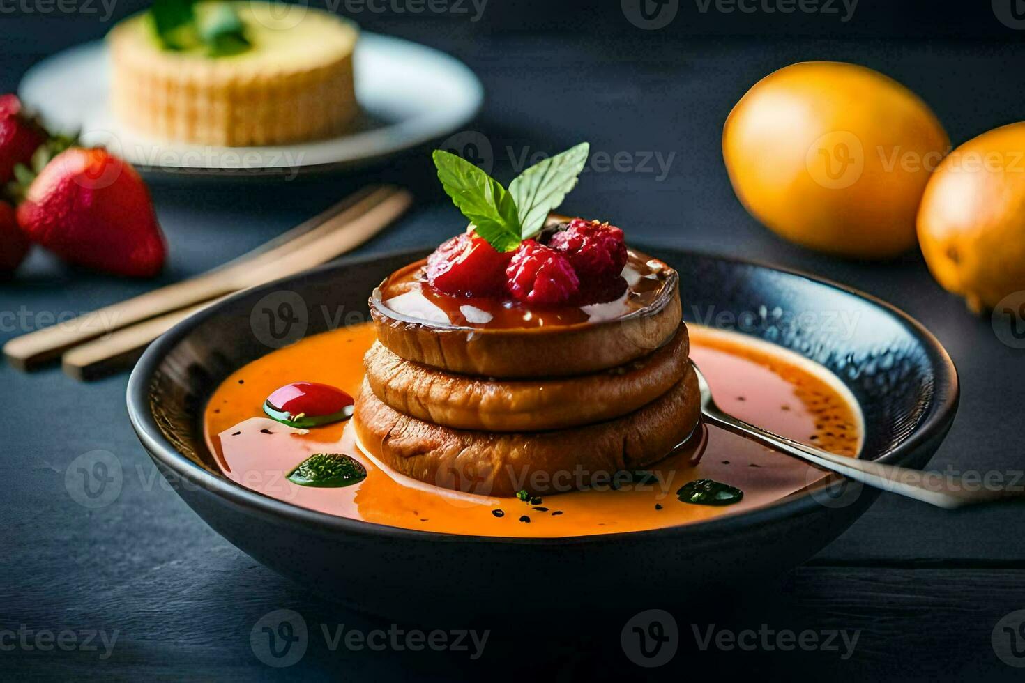 a plate of food with strawberries and a cake. AI-Generated photo