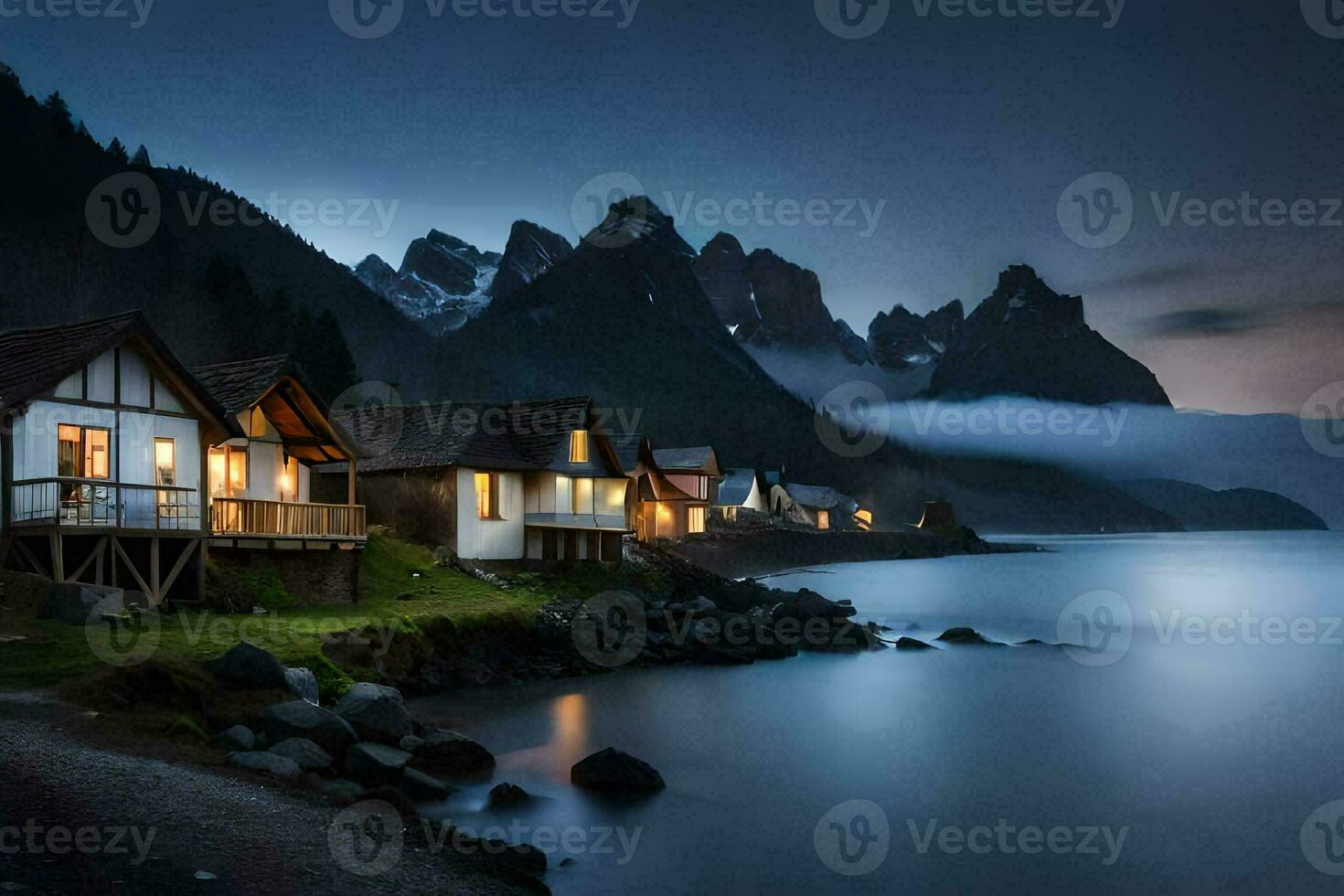 photo wallpaper the sky, mountains, fog, the sea, the mountains, the sea, the. AI-Generated