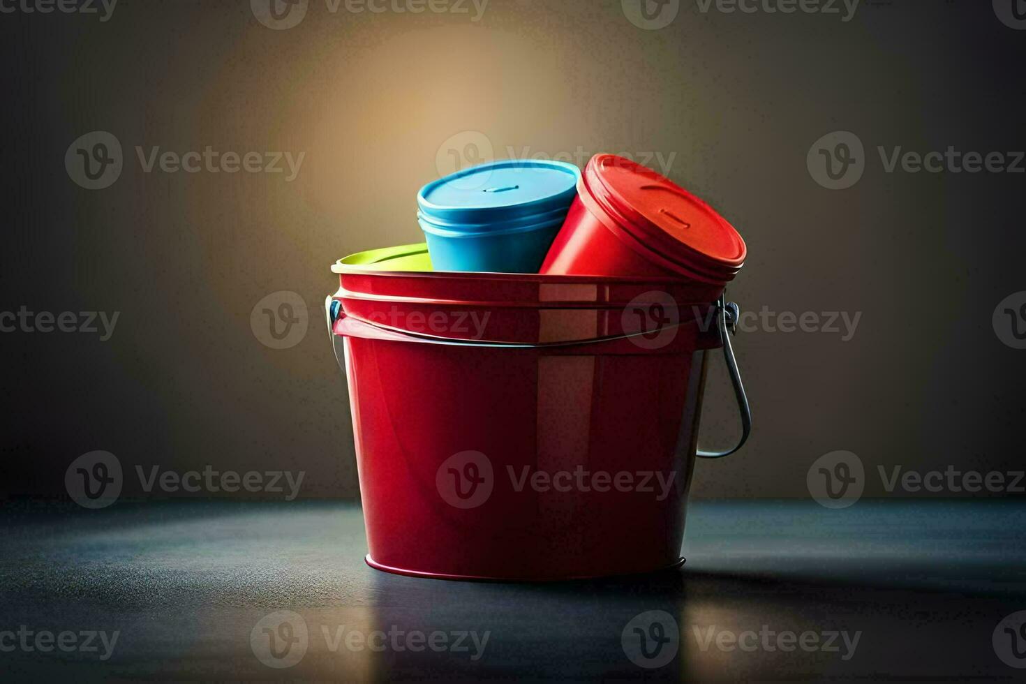 a red bucket with three colorful plastic containers. AI-Generated photo
