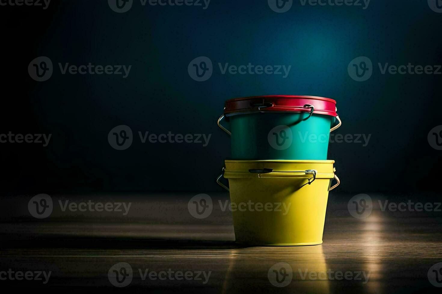 two colorful buckets on a wooden floor. AI-Generated photo