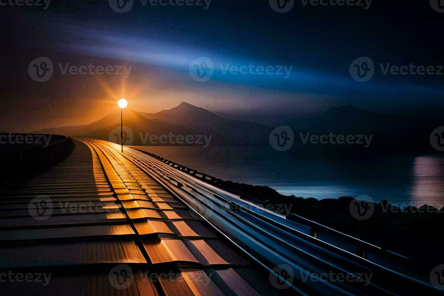 a long train track with a light at the end. AI-Generated photo