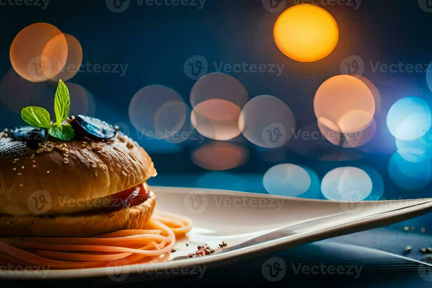 a plate with a burger and spaghetti on it. AI-Generated photo