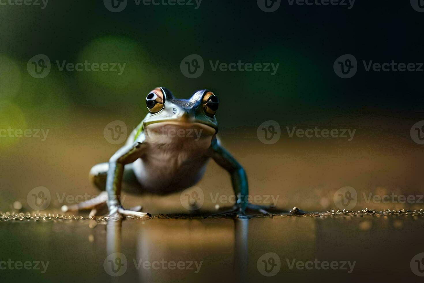 a frog is standing on the ground with its eyes open. AI-Generated photo