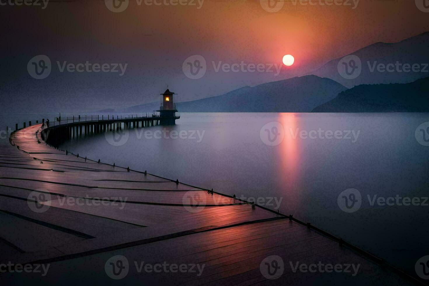 a long pier with a lighthouse at sunset. AI-Generated photo