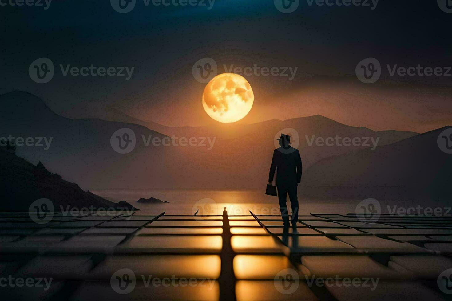 a man standing on a platform looking at the moon. AI-Generated photo