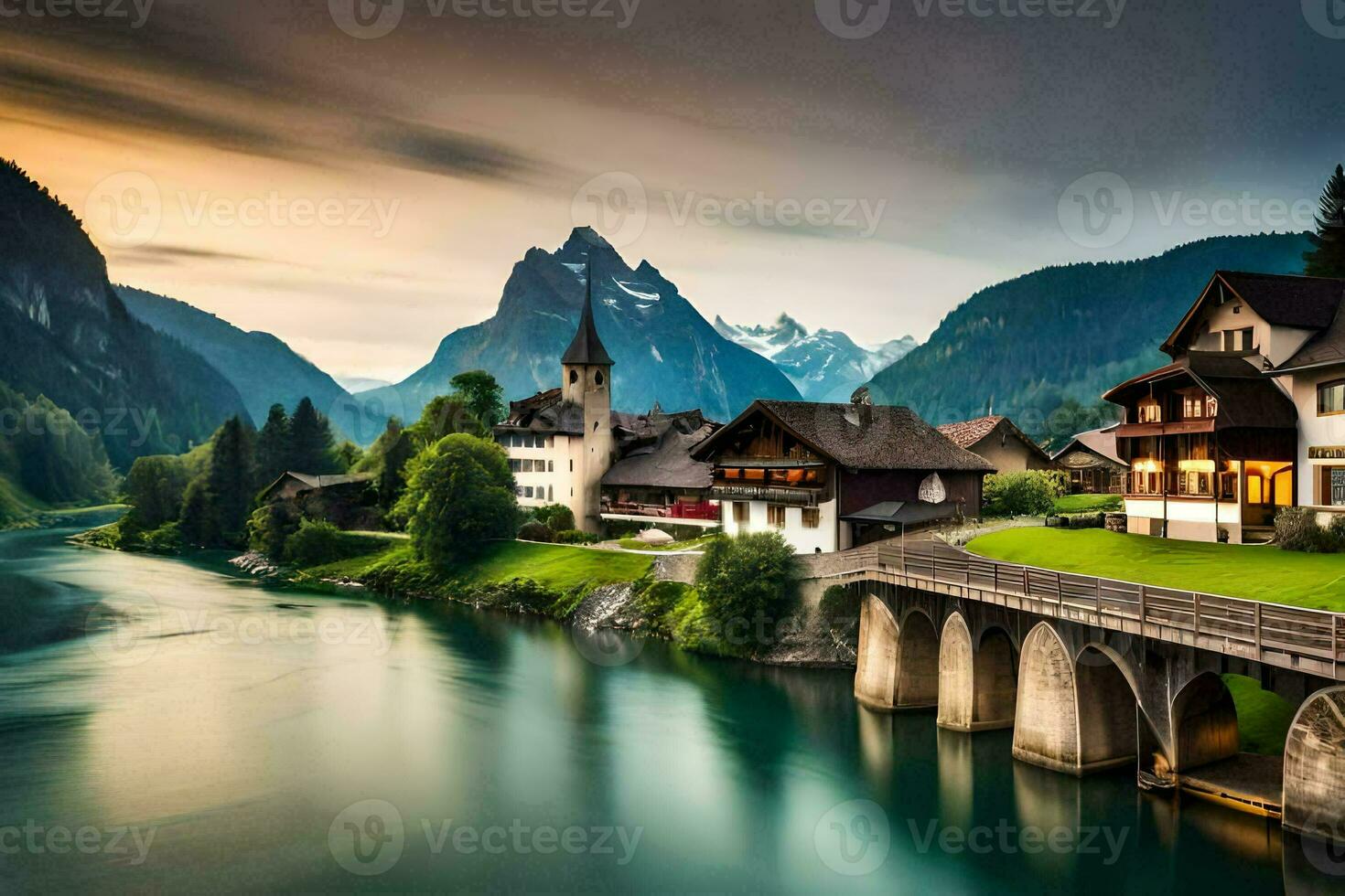 a beautiful mountain village with a river and bridge. AI-Generated photo