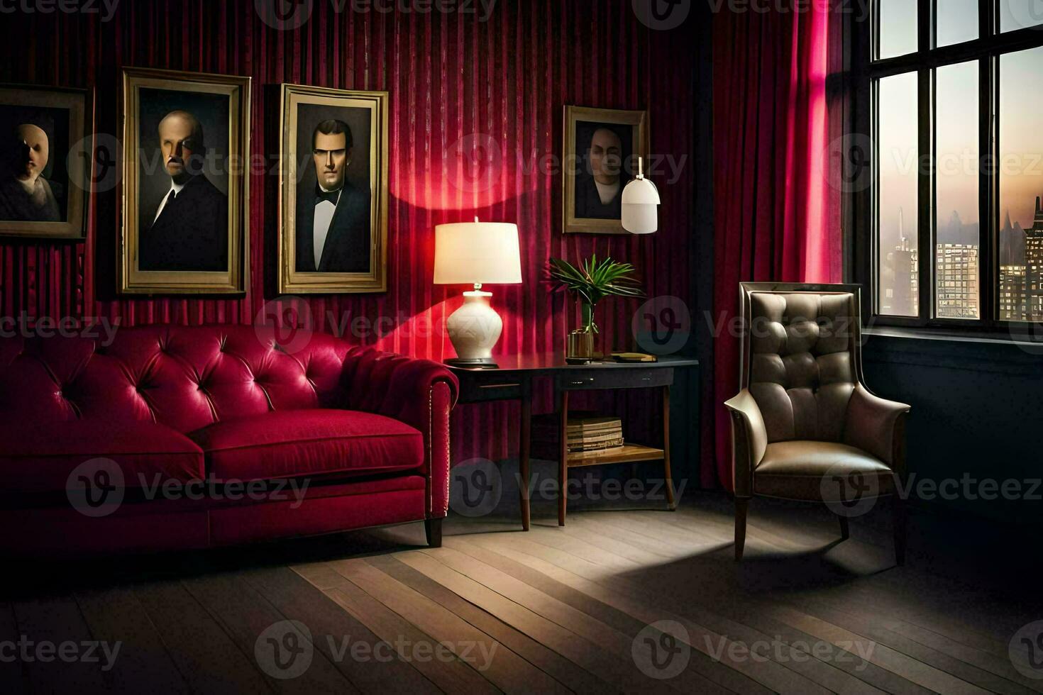 a red couch and chair in a room with pictures on the wall. AI-Generated photo