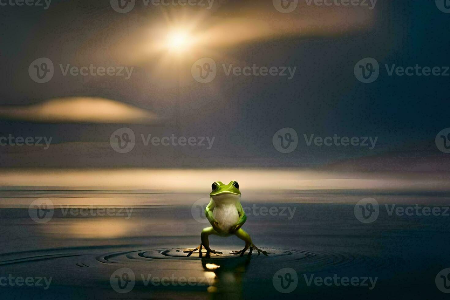 a frog sitting on the water in front of a bright sun. AI-Generated photo