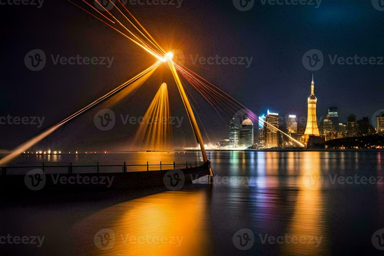 a boat is in the water at night with a city skyline in the background. AI-Generated photo