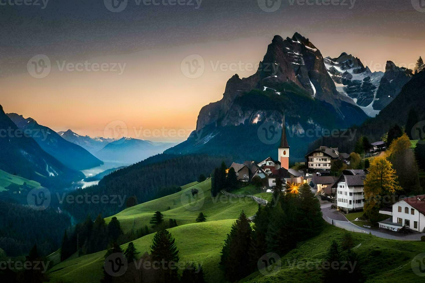 the village of alpine village in the mountains. AI-Generated photo