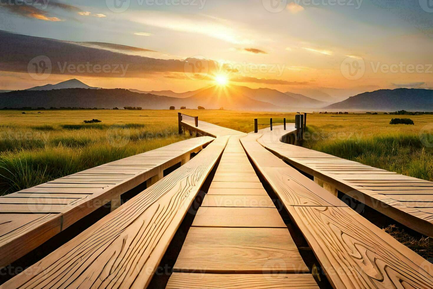 a wooden walkway leads to the sun. AI-Generated photo