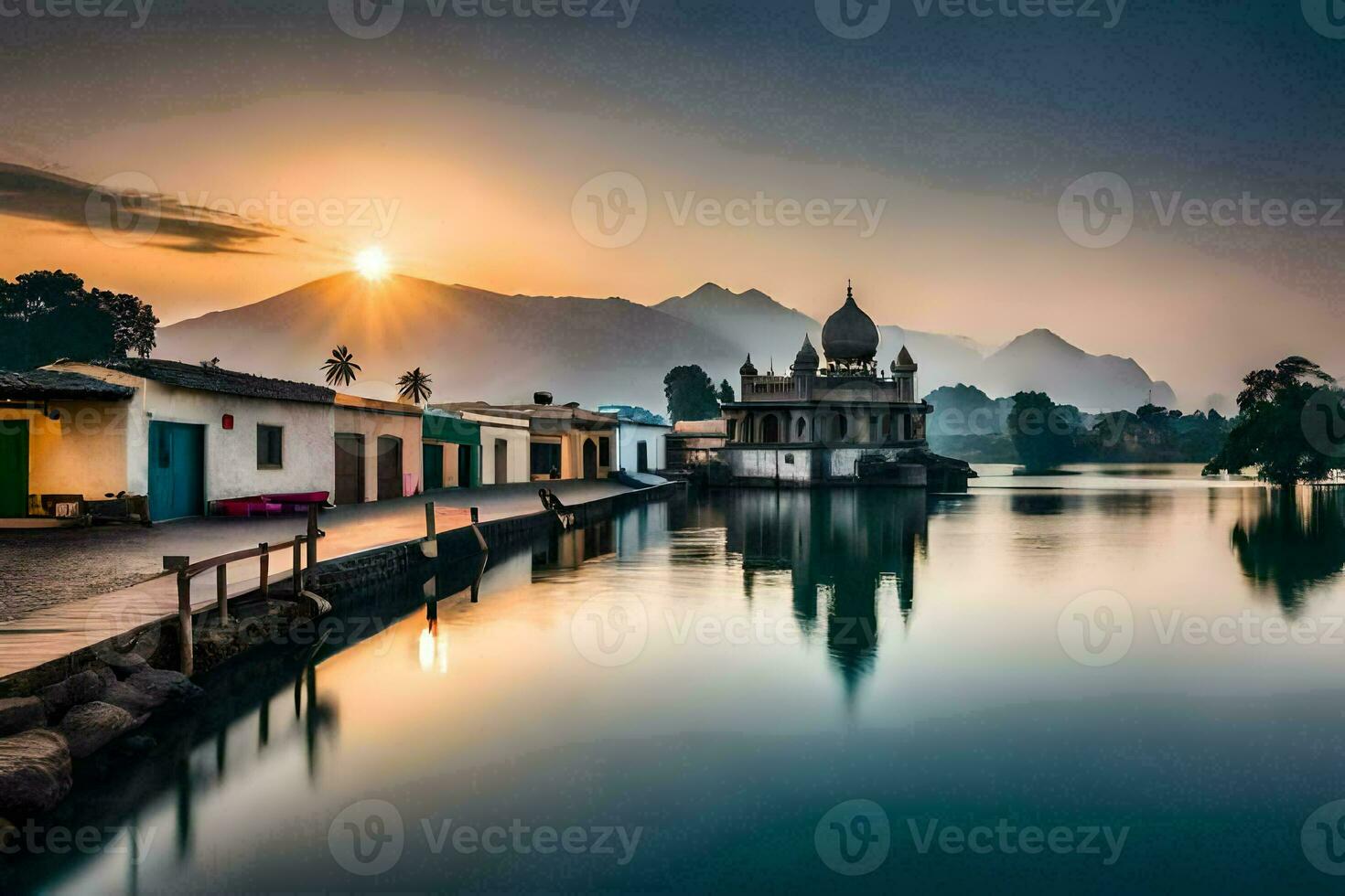 the sun rises over a lake and a temple. AI-Generated photo